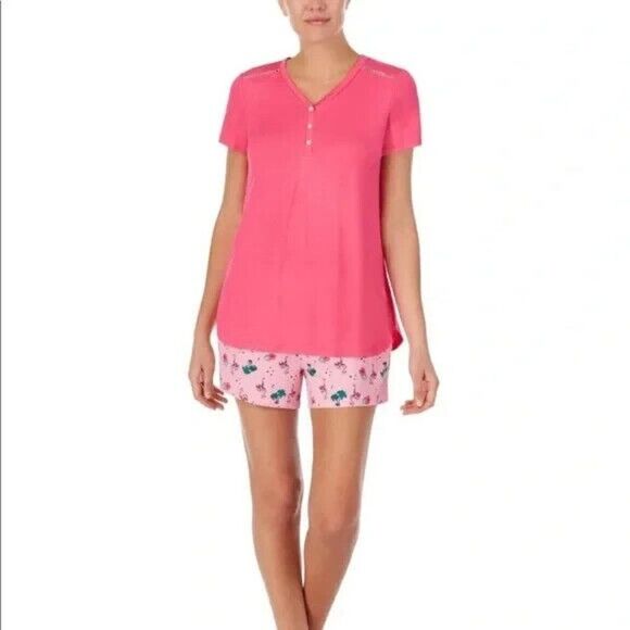 Cuddl Duds Pink Palm Tree V-Neck Boxer Shorts Pajama Set Small NWT - Picture 1 of 5